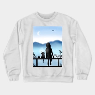 Blue peace - A girl and her cat calmly watching the sky Crewneck Sweatshirt